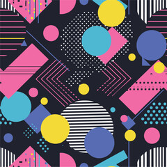 Abstract Geometric Seamless Pattern with Retro Shapes Colorful 80s Memphis Style Background	
