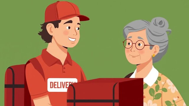 Delivery person handing over a meal package to an elderly woman in a cheerful outdoor setting