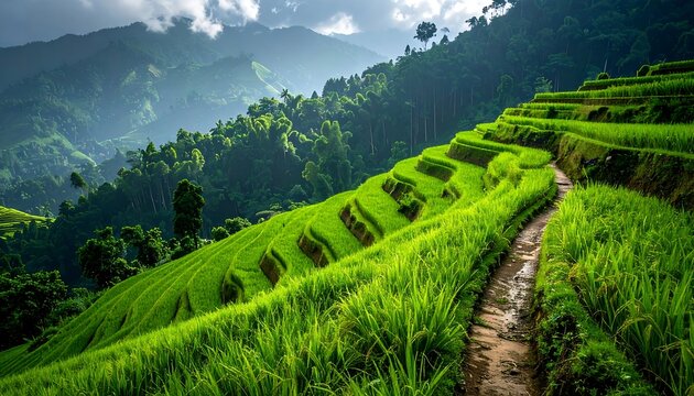 Lush, verdant rice terraces cascade down a mountainside bathed in sunlight and shadow, creating a mesmerizing tapestry of green