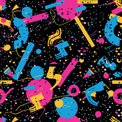 Abstract Geometric Seamless Pattern with Retro Shapes Colorful 80s Memphis Style Background	