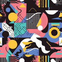 Abstract Geometric Seamless Pattern with Retro Shapes Colorful 80s Memphis Style Background	