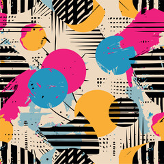 Abstract Geometric Seamless Pattern with Retro Shapes Colorful 80s Memphis Style Background	