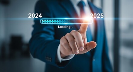 Man in suit touching loading bar between 2024 and 2025 on digital display