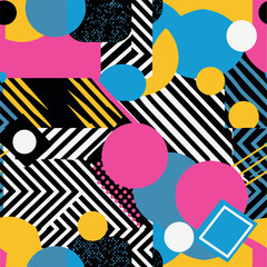 Abstract Geometric Seamless Pattern with Retro Shapes Colorful 80s Memphis Style Background	