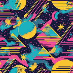 Abstract Geometric Seamless Pattern with Retro Shapes Colorful 80s Memphis Style Background	