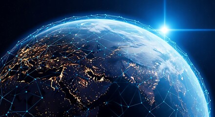 Naklejka premium Earth at night with city lights and global network connection concept