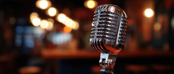 The vintage microphone standing elegantly in a lively bar environment.