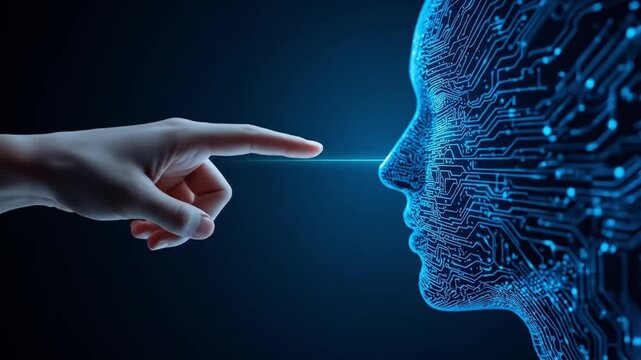 Futuristic interaction between a human hand and a digital face, showcasing technology and innovation
