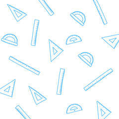 Seamless pattern of blue rulers, triangles and protractors on white background