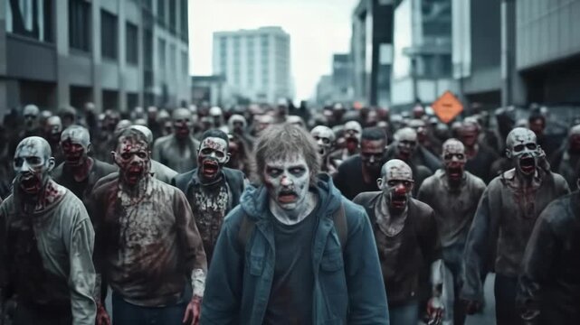 Decaying zombies with vacant stares shuffling menacingly through abandoned urban landscape, representing total societal collapse after apocalyptic devastation