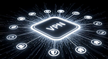 Vpn network security concept with glowing icons and data streams around it