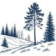 A serene hand drawn silhouette of a winter forest landscape with pine trees and a winding path © md ruhul11