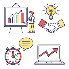Business success icons including presentation handshake idea communication time and growth chart on laptop screen