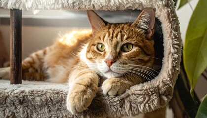 A domestic feline rests comfortably inside a cat tree. Its orange fur is illuminated by natural light, eyes open. Lush green foliage frames the cozy scene