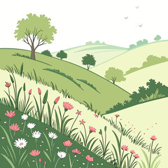 Obraz premium Idyllic rolling green hills with a foreground of wild flowers and grasses under a clear sky with birds