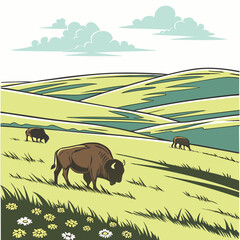 Stylized illustration of a herd of bison grazing peacefully in a rolling green meadow under a cloudy sky with wildflowers in the foreground © md ruhul11