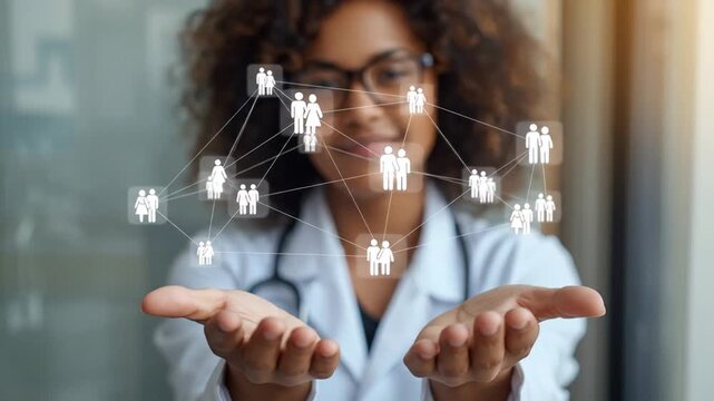 A healthcare professional engaging with digital network representations of people, symbolizing connectivity and collaboration in a modern medical environment - Powered by Adobe