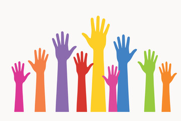 PrintDiverse group of colorful hands raised in the air