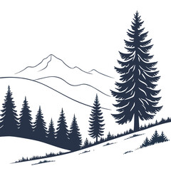 Fototapeta premium Stylized silhouette of a winter mountain landscape with pine trees and rolling hills against a white background