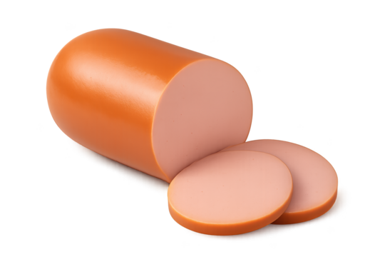 Orange cylindrical processed meat loaf with smooth outer casing and two round pinkish slices beside it