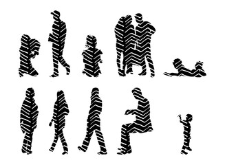 Vector illustration, Outline silhouettes of people, Contour drawing, people silhouette, Icon Set Isolated , Silhouette of sitting people, Architectural set