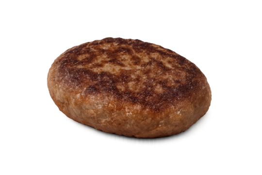 Single browned beef hamburger patty, oval and grilled with seared surface
