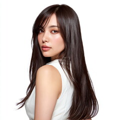 Elegant Japanese Model with Shiny Brown Straight Hair in Minimal White Studio