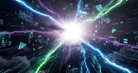 Abstract futuristic tunnel with glowing lightning, data stream and digital elements - Powered by Adobe