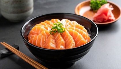 A close-up shot of a bowl of fresh salmon sashimi over rice, garnished with green onions. Chopsticks and ginger accompany