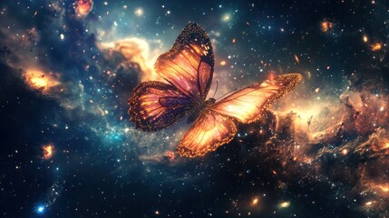 A luminous butterfly soars through a vibrant cosmos filled with nebulae and stars.