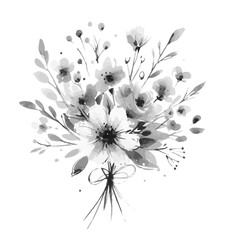 Watercolor floral bouquet with delicate flowers and leaves in shades of gray and white for elegant design