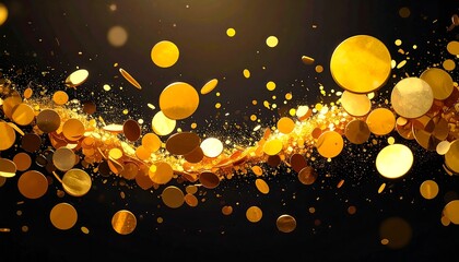 A dynamic, abstract representation of gold coins and particles cascading against a dark backdrop, creating a sense of abundance and wealth