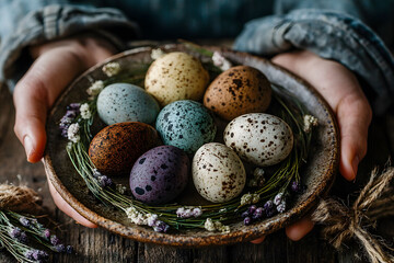 Obraz premium Rustic Easter Egg Display with Natural Colors and Decorative Elements - Perfect for Holiday Design