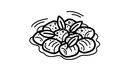 Delicious food illustration of a plate of olives with leaves and dots.