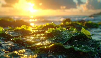 Close Up of Seaweed on Rocky Shoreline at Golden Sunset with Glistening Water Droplets in Cinematic Lighting