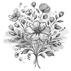 Detailed floral arrangement featuring a central blossom with surrounding leaves and smaller buds in grayscale