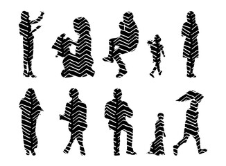 Vector illustration, Outline silhouettes of people, Contour drawing, people silhouette, Icon Set Isolated , Silhouette of sitting people, Architectural set