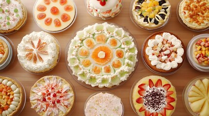 Variety of delicious fruit pies and cakes beautifully decorated on wooden table