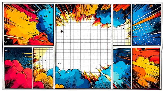 A dynamic comic book panel, featuring an empty central grid surrounded by colorful explosion-like effects and borders