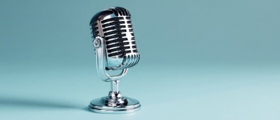 The vintage microphone standing elegantly on a minimalist blue background