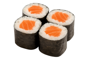 Four salmon maki rolls with nori seaweed wraps and white rice