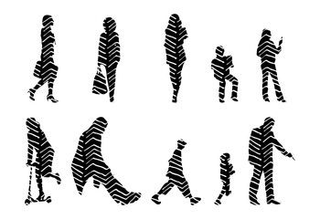 Vector illustration, Outline silhouettes of people, Contour drawing, people silhouette, Icon Set Isolated , Silhouette of sitting people, Architectural set