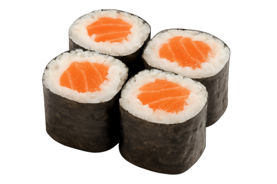 Four salmon maki rolls with nori seaweed wraps and white rice