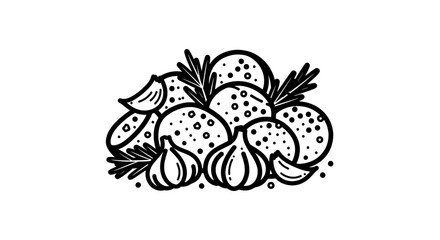 Garlic and herbs illustration black and white drawing food ingredients.