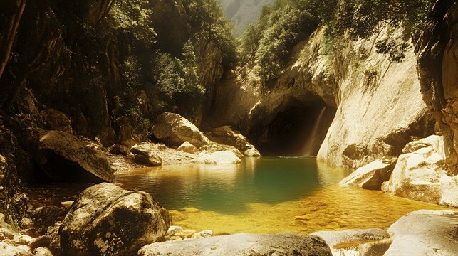 Secluded emerald lake at the foot of rocky cliff in forest mountains landscape - Powered by Adobe