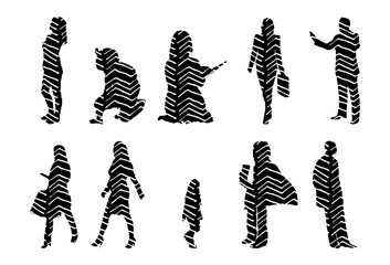 Vector illustration, Outline silhouettes of people, Contour drawing, people silhouette, Icon Set Isolated , Silhouette of sitting people, Architectural set