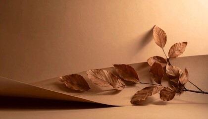 A close-up shot of a delicate branch with dried brown leaves, set against an abstract backdrop of folded beige paper