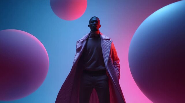 A person stands confidently in a dynamic, artistic scene filled with colorful spheres, showcasing a blend of fashion and modern aesthetics, creating a captivating visual experience that intrigues