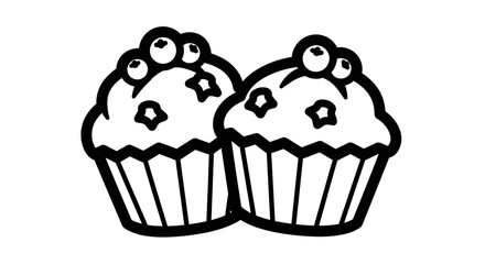 Two delicious cupcakes with blueberries and star shaped sprinkles black and white illustration.