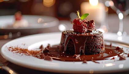 A close-up shot of a delicious chocolate lava cake on a white plate, garnished with raspberries and mint, with chocolate sauce